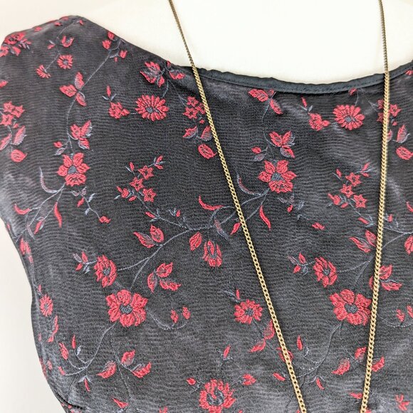 Vintage 00s Y2K Ann Taylor Black & Red Floral Jacquard Boat Neck Tank Top Size 6 - Picture 5 of 6